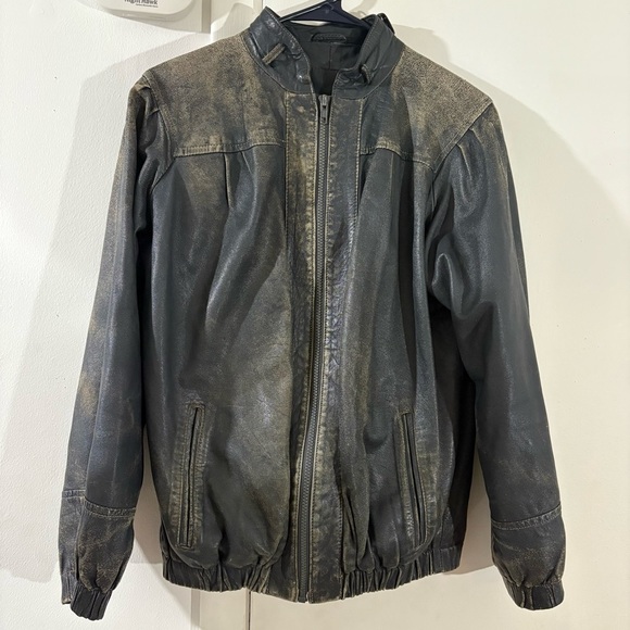 Vtg Richard Shops Washed Leather Bomber Jacket Men’s Sz S Lined Black Brown - Picture 1 of 14